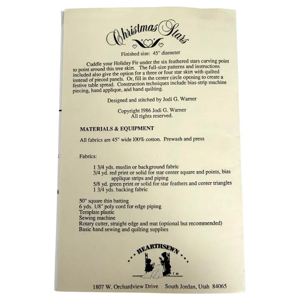 1986 CHRISTMAS STARS Quilted Tree Skirt Pattern by Jodi G. Warner Hearthsewn 45